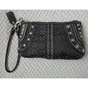 Coach Signature C Black Canvas Studded Stitched Flowers Zipper Wristlet Wallet